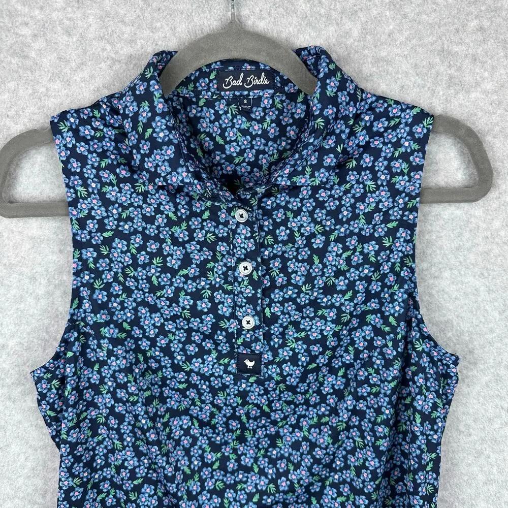 Bad Birdie Sleeveless Collared Shirt Size S Navy Floral Tennis Pickleball Golf - Picture 4 of 7